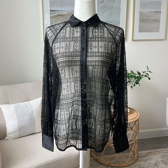 New Jason Wu Black Lace Satin Trim Raglan Sleeve Button Down Overshirt Blouse - Picture 5 of 16